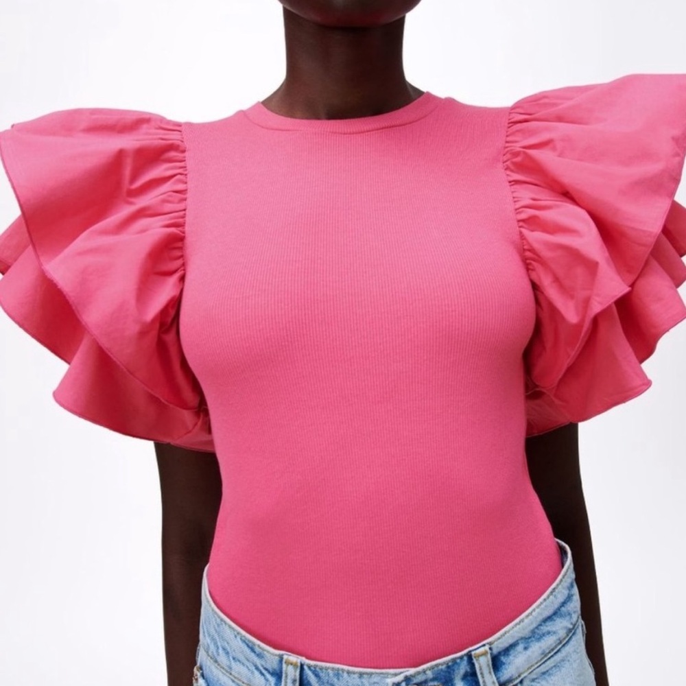 Zara Pink Ruffle Sleeve Bodysuit